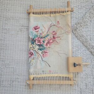 Vintage Wooden Needlepoint Scroll Frame Floral Embroidery Tapestry Adjustable